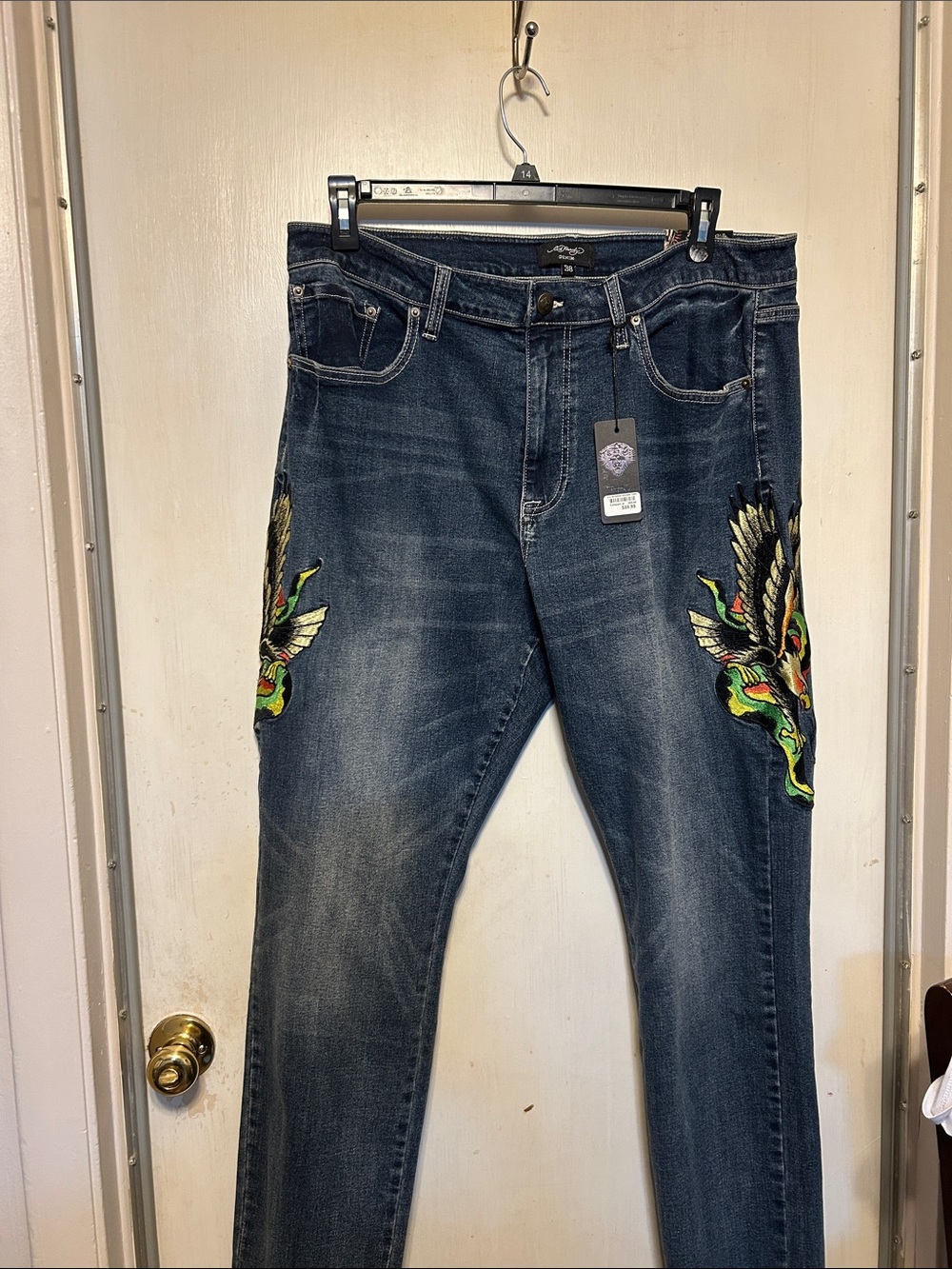 NWT ED HARDY Eagle Snake Slim Straight Denim Embroidered Y2K Jeans. 
